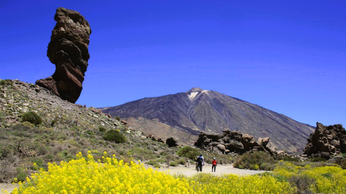 Sendero en el Parque Nacional del Teide, Tenerife, con vistas al Teide y Roque Cinchado